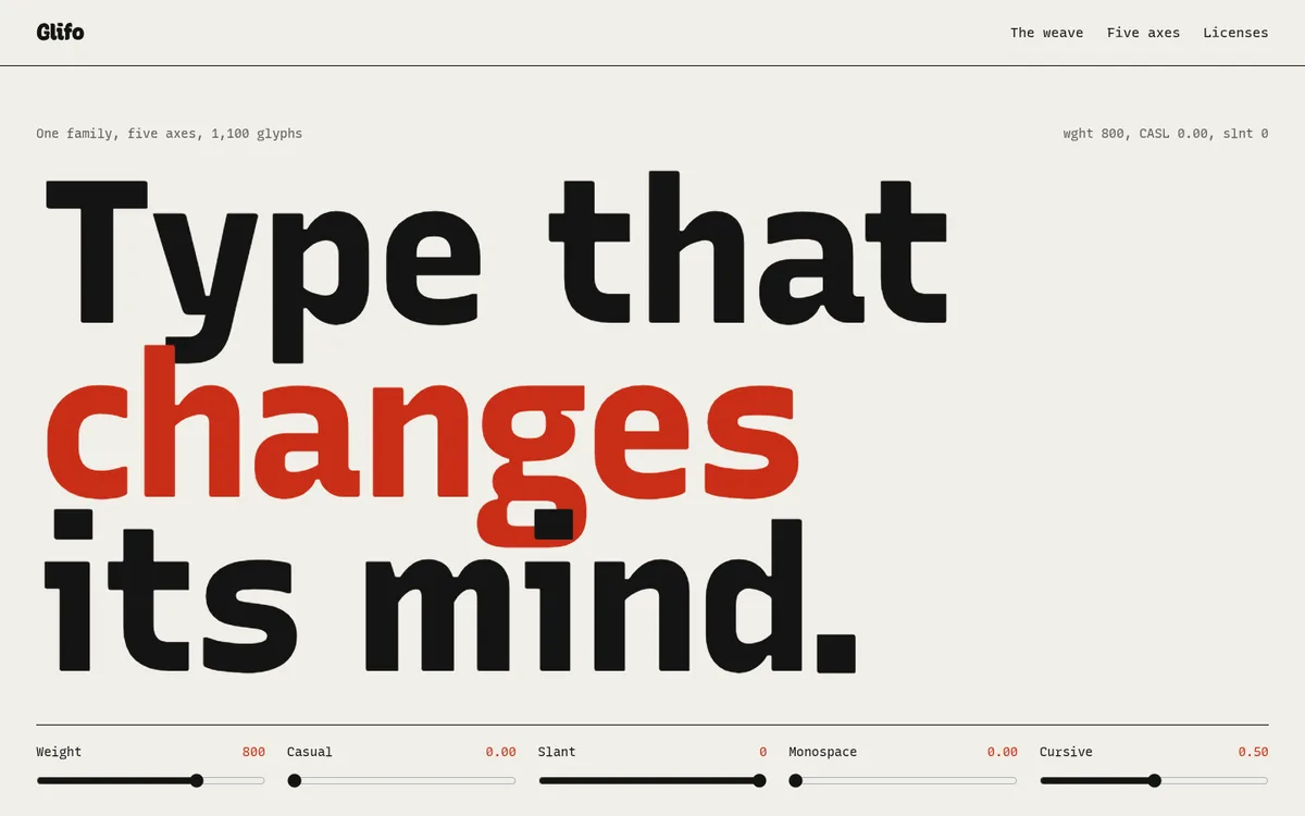 Glifo: A heavy black and red variable-font headline over five axis sliders on proof paper.