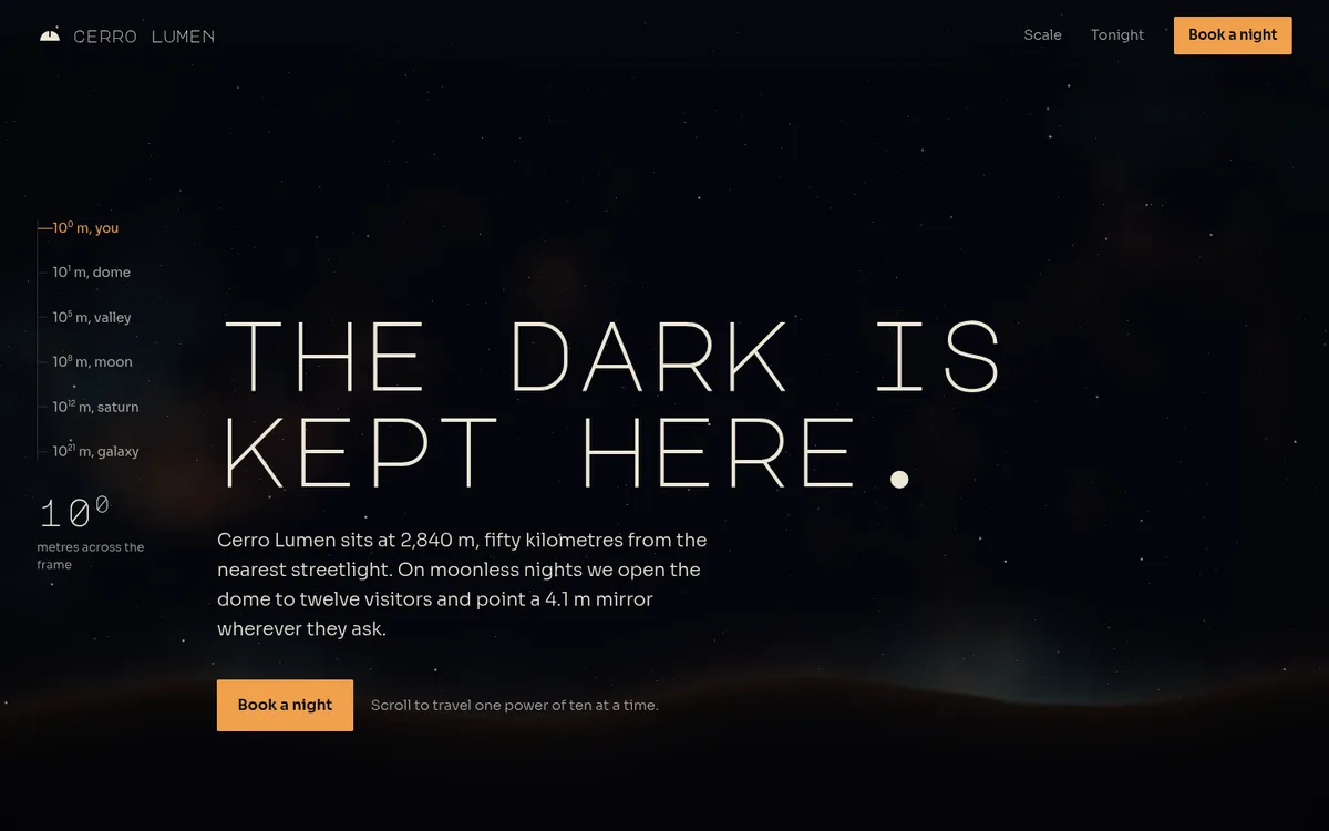 Cerro Lumen: A night sky drawn by a shader over a dark ridge, with a lowercase monospaced headline and a scale rail at the left.