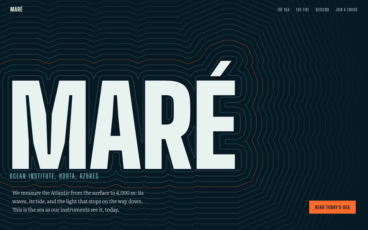 Maré: A giant condensed wordmark wrapped in cyan and orange contour lines on a deep blue ground.