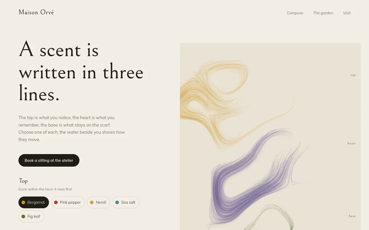 Maison Orvé: A serif headline in a narrow column beside a field of gold, violet and green ink threads moving through water.